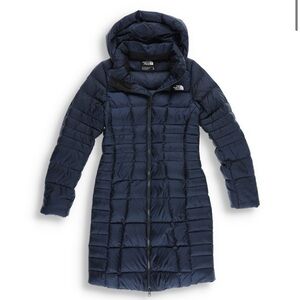 Euc The North Face TNF navy blue womens small down jacket parka hooded